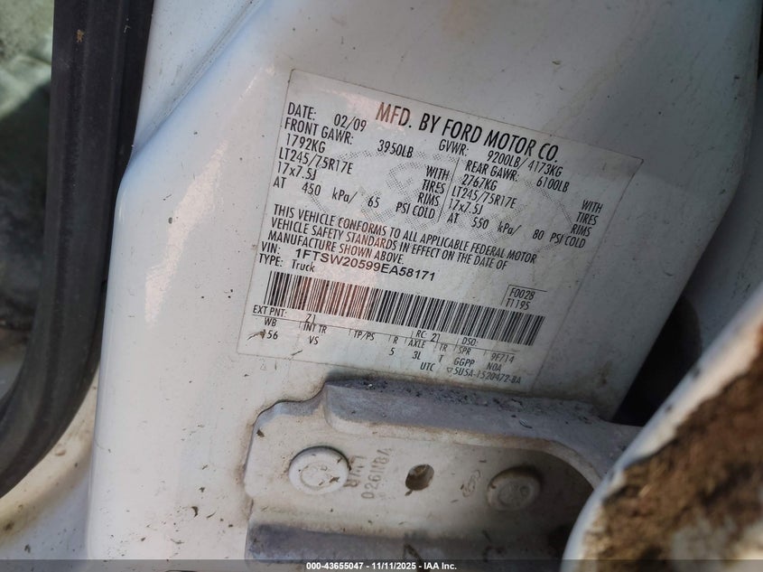 2009 Ford F-250 King Ranch/Lariat/Xl/Xlt VIN: 1FTSW20599EA58171 Lot: 43655047