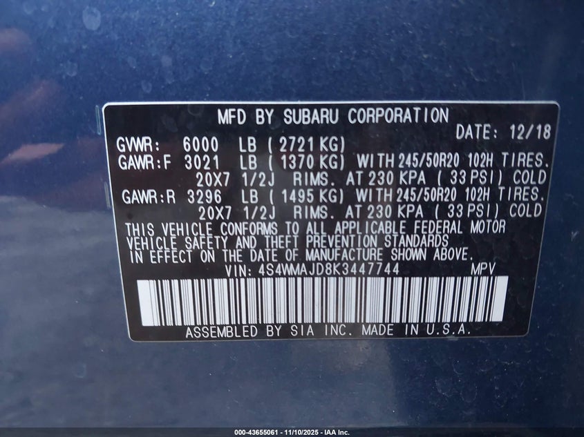 2019 SUBARU ASCENT LIMITED - 4S4WMAJD8K3447744