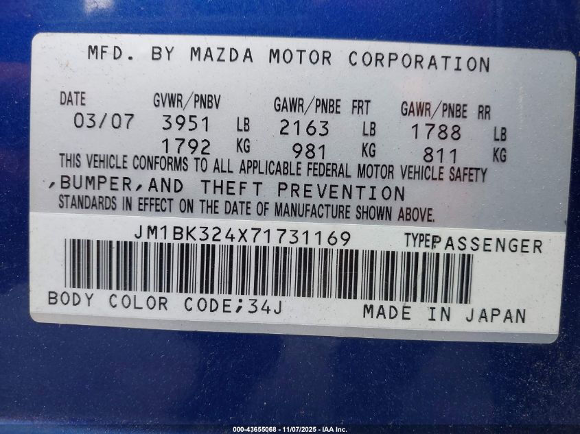 2007 Mazda Mazda3 S Sport VIN: JM1BK324X71731169 Lot: 43655068