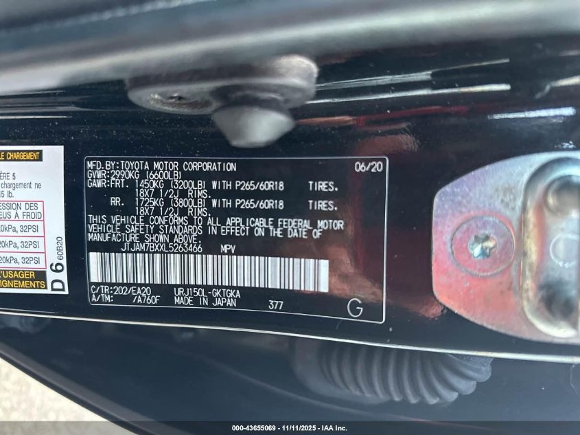 2020 Lexus Gx 460 Premium VIN: JTJAM7BXXL5263466 Lot: 43655069