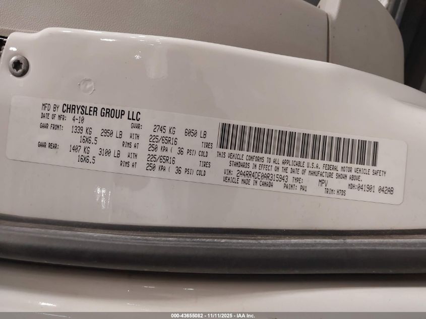 2010 Chrysler Town & Country Lx VIN: 2A4RR4DE0AR315943 Lot: 43655082