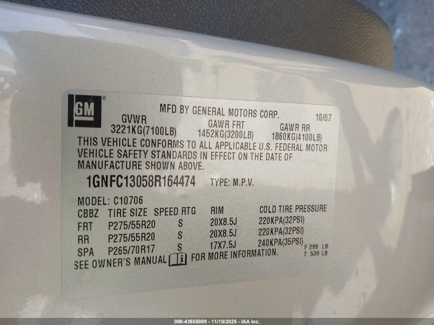 2008 Chevrolet Tahoe Lt VIN: 1GNFC13058R164474 Lot: 43655089