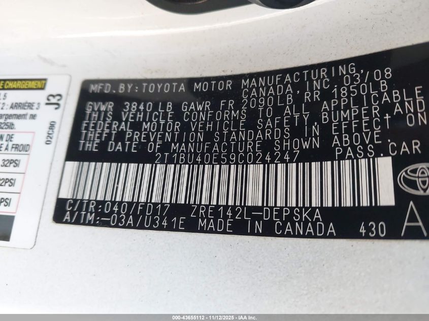 2009 Toyota Corolla S VIN: 2T1BU40E59C024247 Lot: 43655112