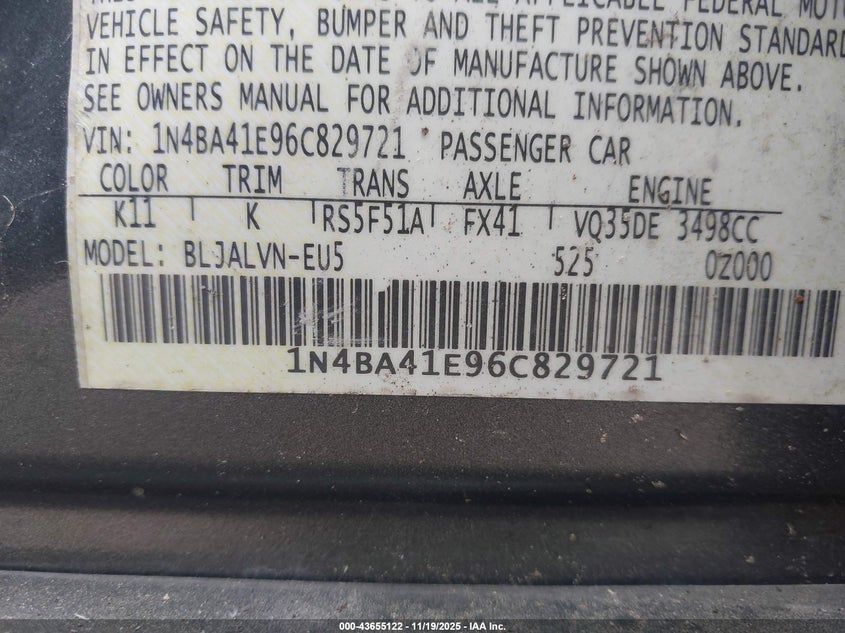 2006 Nissan Maxima 3.5 Se VIN: 1N4BA41E96C829721 Lot: 43655122