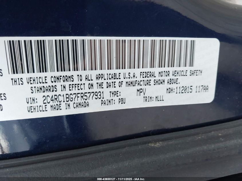 2015 Chrysler Town & Country Touring VIN: 2C4RC1BG7FR577931 Lot: 43655127