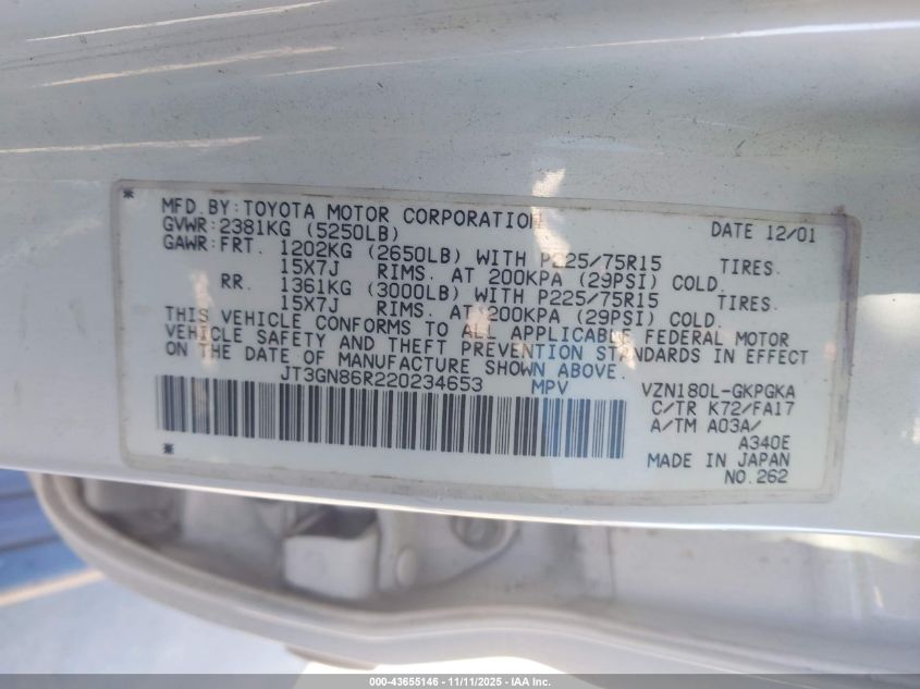 2002 Toyota 4Runner Sr5 V6 VIN: JT3GN86R220234653 Lot: 43655146