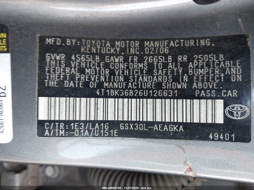 2006 Toyota Avalon Xls VIN: 4T1BK36B26U126631 Lot: 43655155