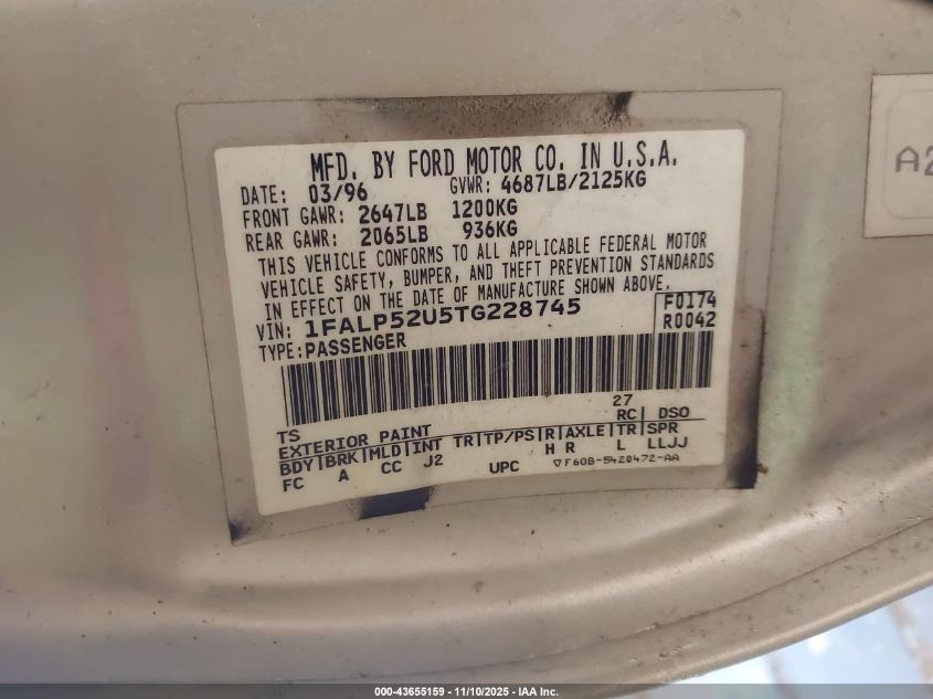 1996 Ford Taurus Gl VIN: 1FALP52U5TG228745 Lot: 43655159