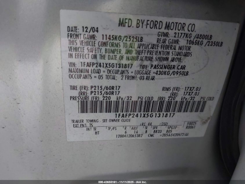 2005 Ford Five Hundred Sel VIN: 1FAFP241X5G131817 Lot: 43655161