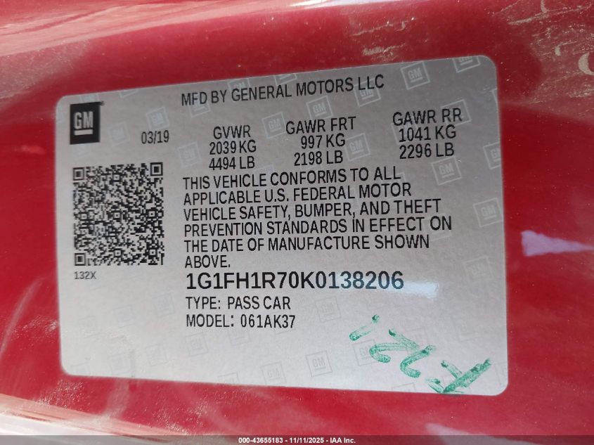 2019 Chevrolet Camaro 2Ss VIN: 1G1FH1R70K0138206 Lot: 43655183