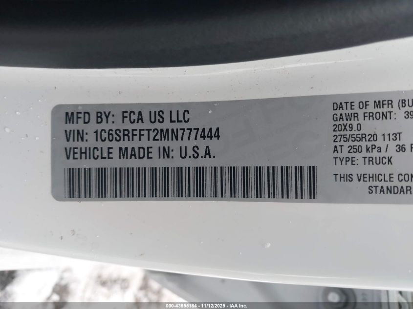 2021 Ram 1500 Big Horn 4X4 5'7 Box VIN: 1C6SRFFT2MN777444 Lot: 43655184