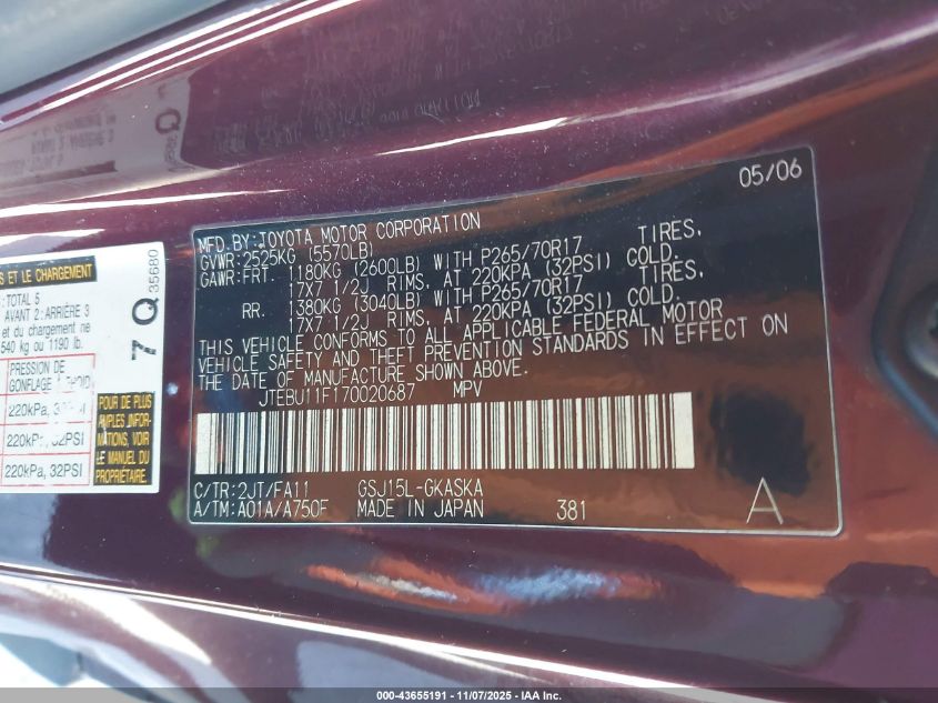 2007 Toyota Fj Cruiser VIN: JTEBU11F170020687 Lot: 43655191