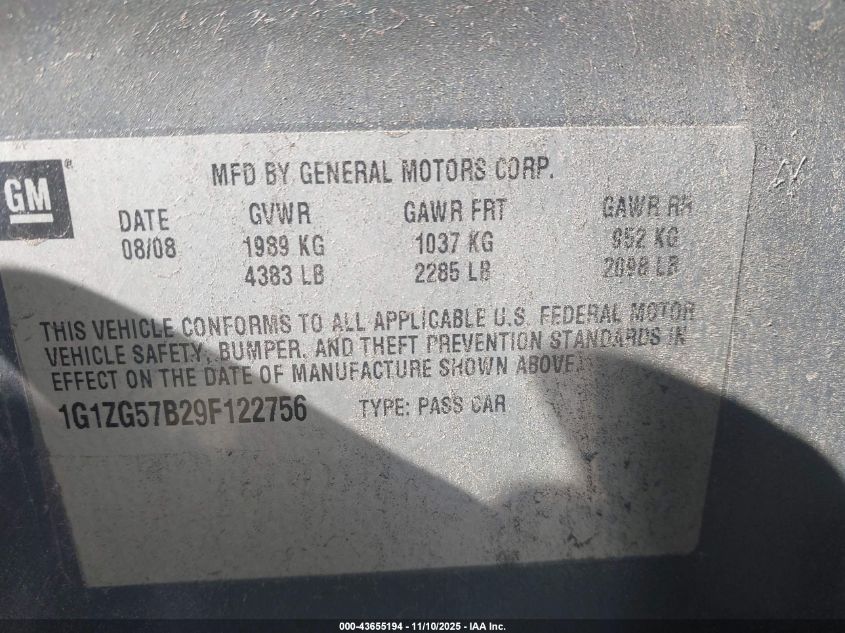 2009 Chevrolet Malibu Ls VIN: 1G1ZG57B29F122756 Lot: 43655194