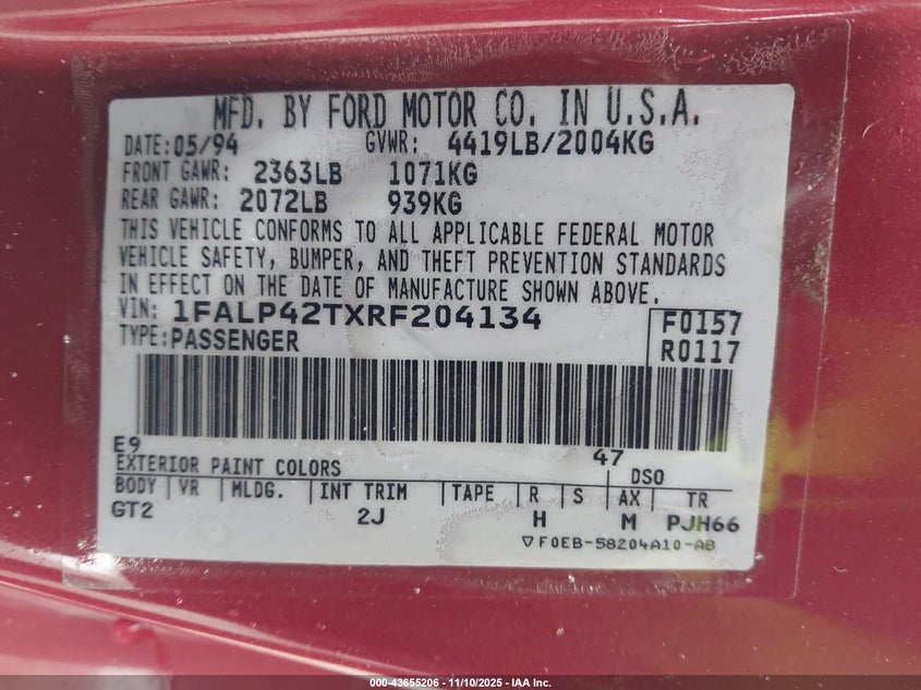 1994 Ford Mustang Gt VIN: 1FALP42TXRF204134 Lot: 43655206
