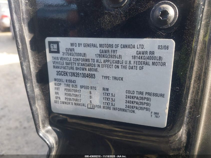 2006 Chevrolet Silverado 1500 Lt3 VIN: 2GCEK13N261304683 Lot: 43655210