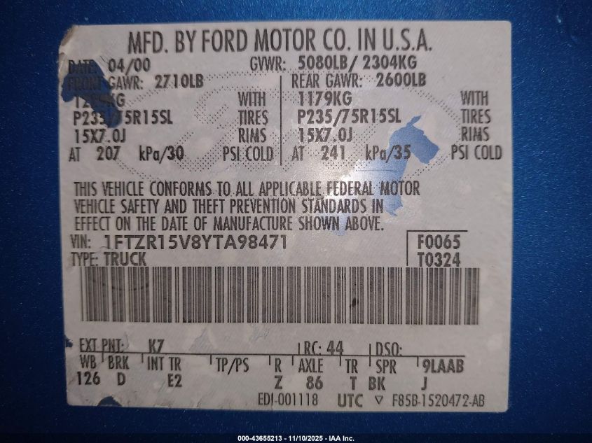 2000 Ford Ranger Xl/Xlt VIN: 1FTZR15V8YTA98471 Lot: 43655213