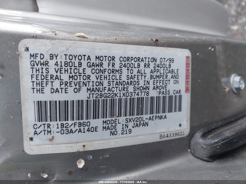 JT2BG22K1X0374778 1999 TOYOTA CAMRY photo no. 9