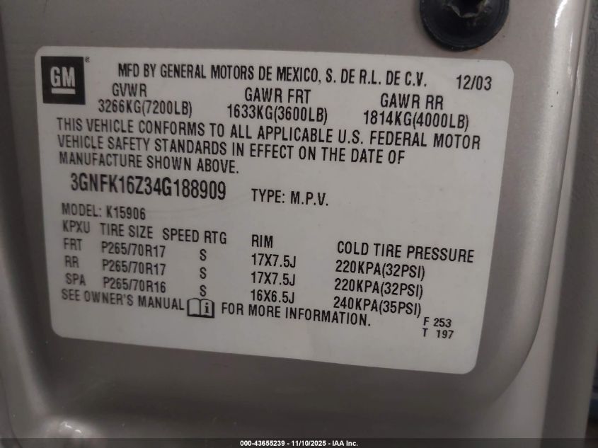 2004 Chevrolet Suburban 1500 Ls VIN: 3GNFK16Z34G188909 Lot: 43655239