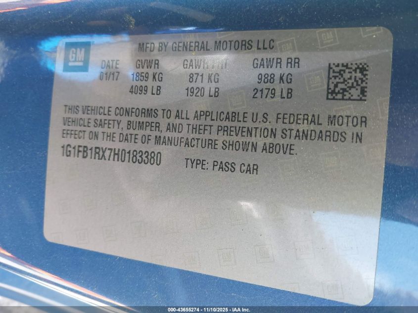 2017 Chevrolet Camaro 1Lt VIN: 1G1FB1RX7H0183380 Lot: 43655274