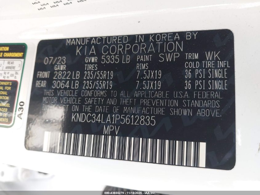2023 Kia Ev6 VIN: KNDL34LA1P5612835 Lot: 43655279