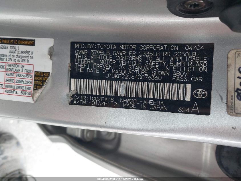 2004 Toyota Prius VIN: JTDKB22U640076360 Lot: 43655290