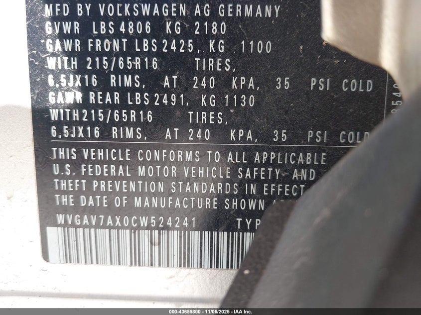 WVGAV7AX0CW524241 2012 VOLKSWAGEN TIGUAN photo no. 9