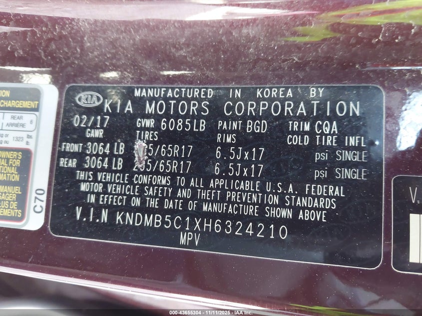 2017 Kia Sedona Lx VIN: KNDMB5C1XH6324210 Lot: 43655304