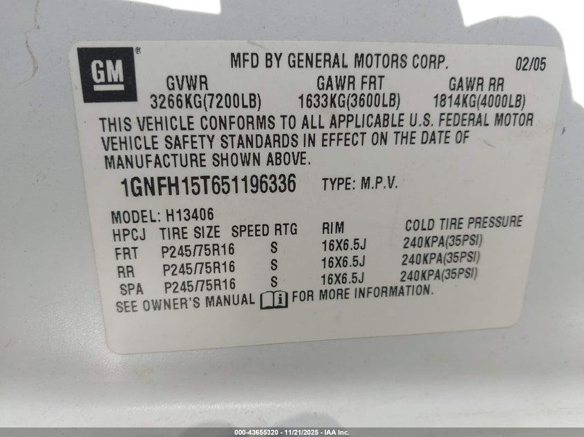 2005 Chevrolet Express VIN: 1GNFH15T651196336 Lot: 43655320