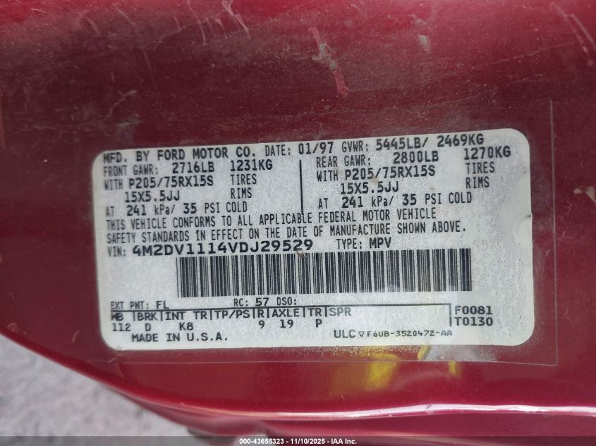 1997 Mercury Villager Gs/Ls/Nautica VIN: 4M2DV1114VDJ29529 Lot: 43655323