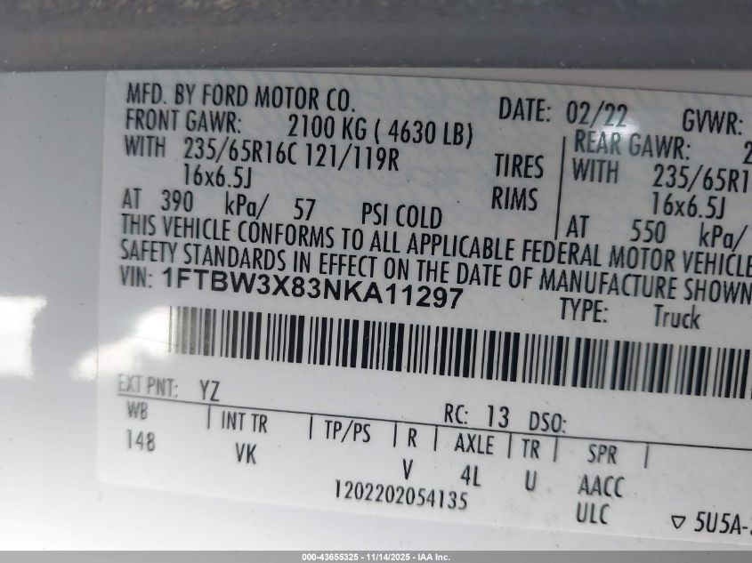 2022 Ford Transit Cargo Van VIN: 1FTBW3X83NKA11297 Lot: 43655325