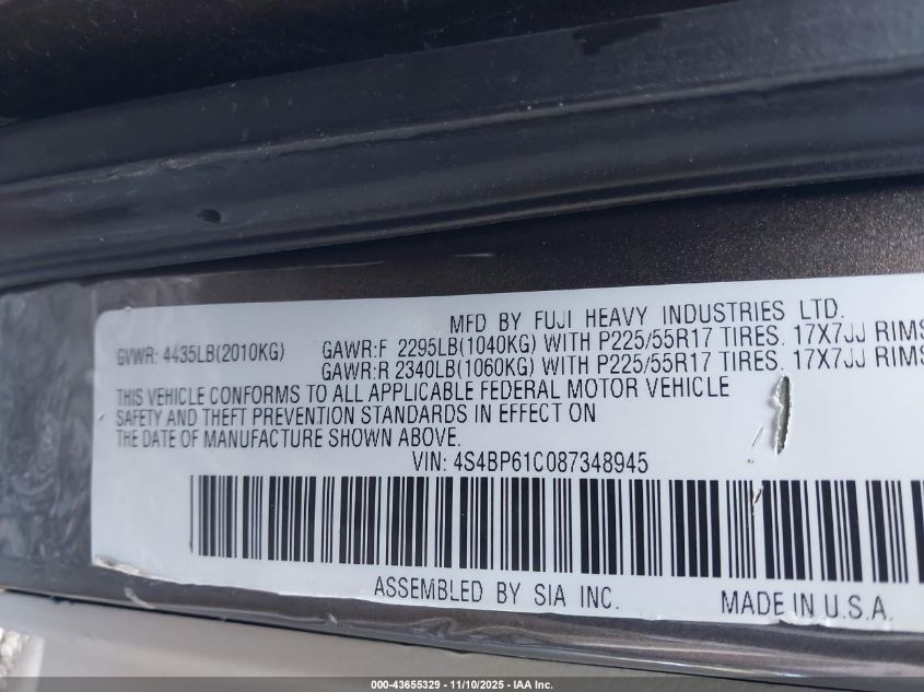 2008 Subaru Outback 2.5I/2.5I L.l. Bean Edition VIN: 4S4BP61C087348945 Lot: 43655329