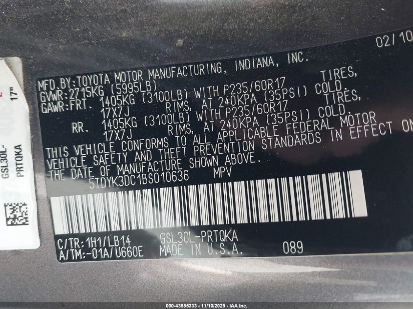 2011 Toyota Sienna Xle/Limited VIN: 5TDYK3DC1BS010636 Lot: 43655333