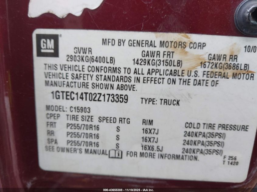 2002 GMC Sierra 1500 Sle VIN: 1GTEC14T02Z173359 Lot: 43655388