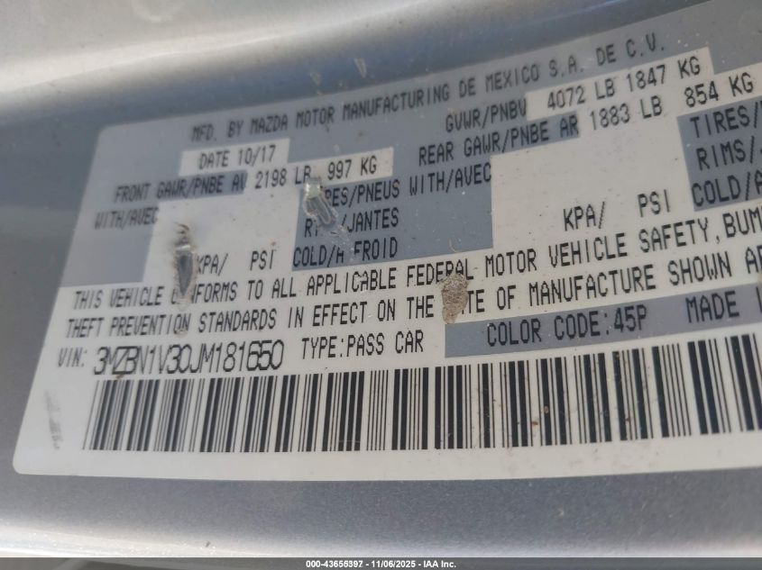 2018 Mazda Mazda3 Touring VIN: 3MZBN1V30JM181650 Lot: 43655397