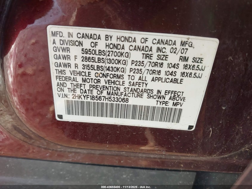 2007 Honda Pilot Ex-L VIN: 2HKYF18567H533068 Lot: 43655400