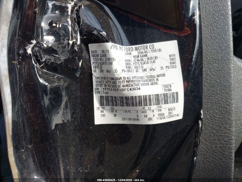 2011 Ford F-150 Fx4 VIN: 1FTFX1EF1BFC43034 Lot: 43655425