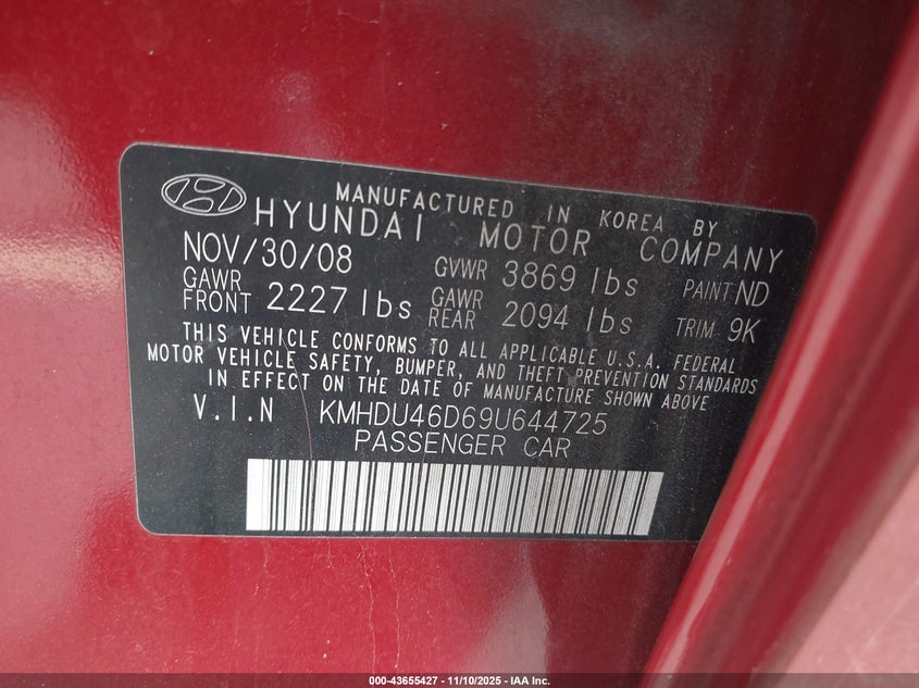 KMHDU46D69U644725 2009 HYUNDAI ELANTRA photo no. 9