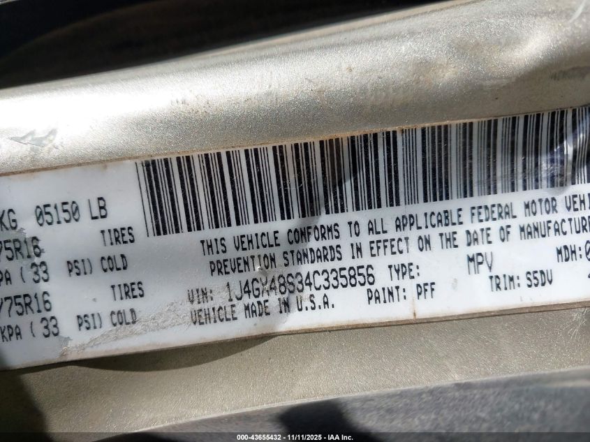 2004 Jeep Grand Cherokee Laredo VIN: 1J4GX48S34C335856 Lot: 43655432