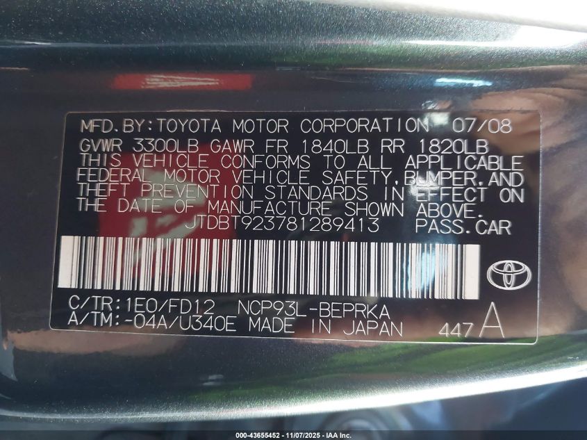 2008 Toyota Yaris VIN: JTDBT923781289413 Lot: 43655452