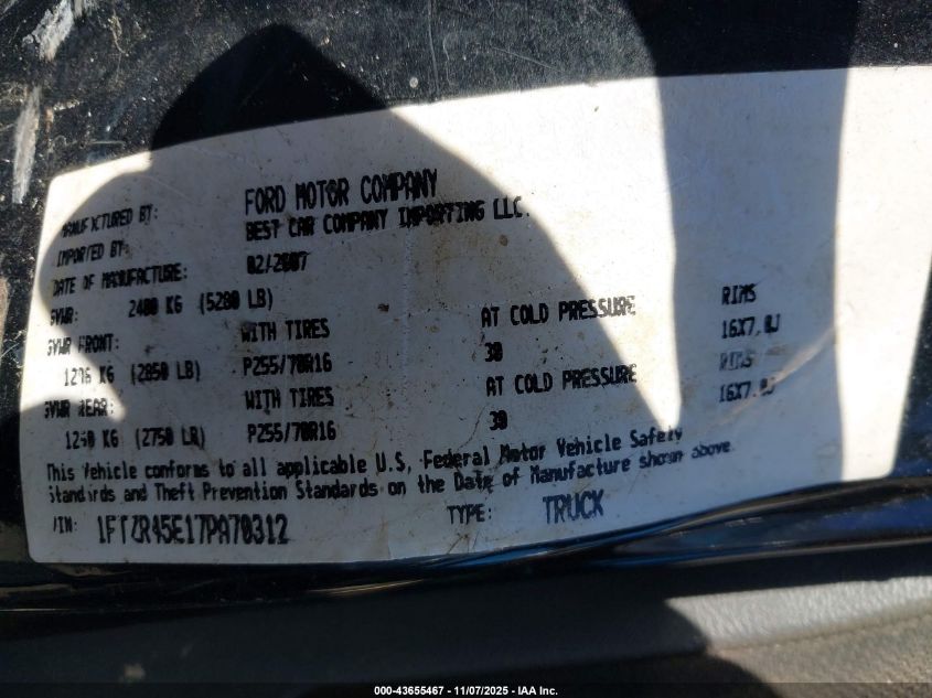 2007 Ford Ranger Fx4 Level Ii/Fx4 Off-Road/Sport/Xlt VIN: 1FTZR45E17PA70312 Lot: 43655467