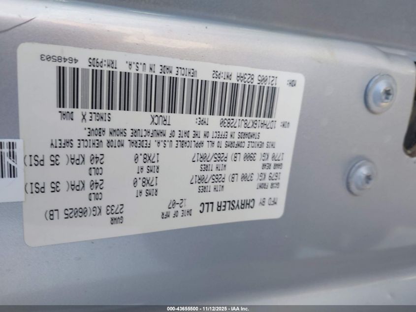 2008 Dodge Ram 1500 St/Sxt VIN: 1D7HA16K78J172830 Lot: 43655500