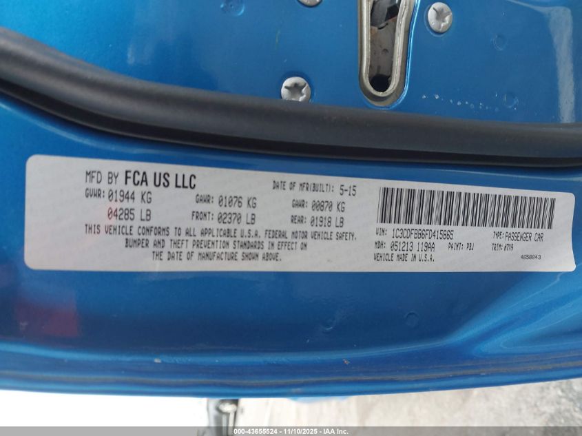 2015 Dodge Dart Sxt VIN: 1C3CDFBB6FD415865 Lot: 43655524