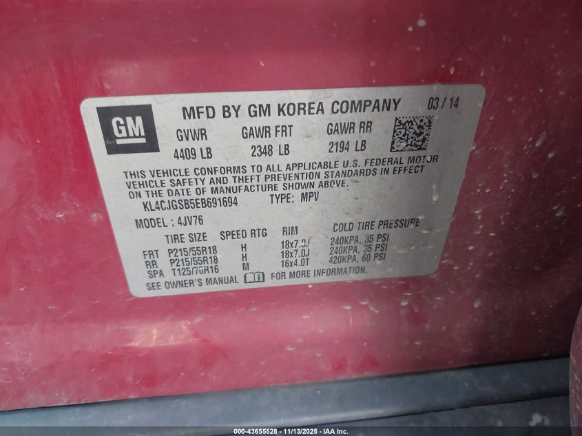 2014 Buick Encore Leather VIN: KL4CJGSB5EB691694 Lot: 43655528