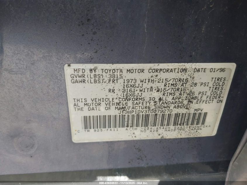 1996 Toyota Rav4 VIN: JT3HP10V3T0079270 Lot: 43655533