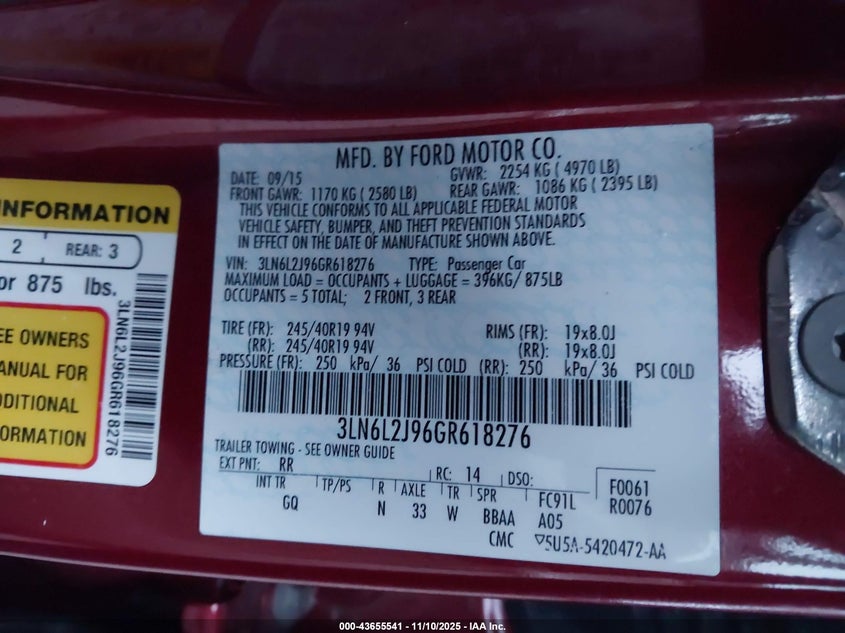 2016 LINCOLN MKZ - 3LN6L2J96GR618276