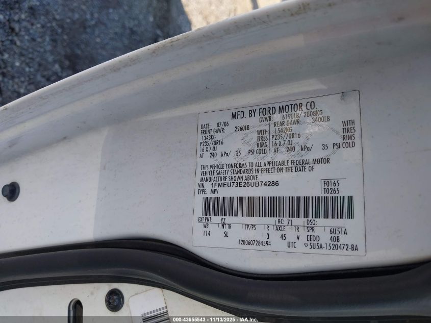 2006 Ford Explorer Xlt VIN: 1FMEU73E26UB74286 Lot: 43655543