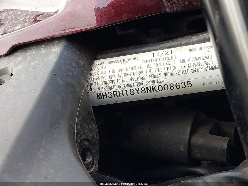 2022 Yamaha Yzfr3 A VIN: MH3RH18Y8NK008635 Lot: 43655563