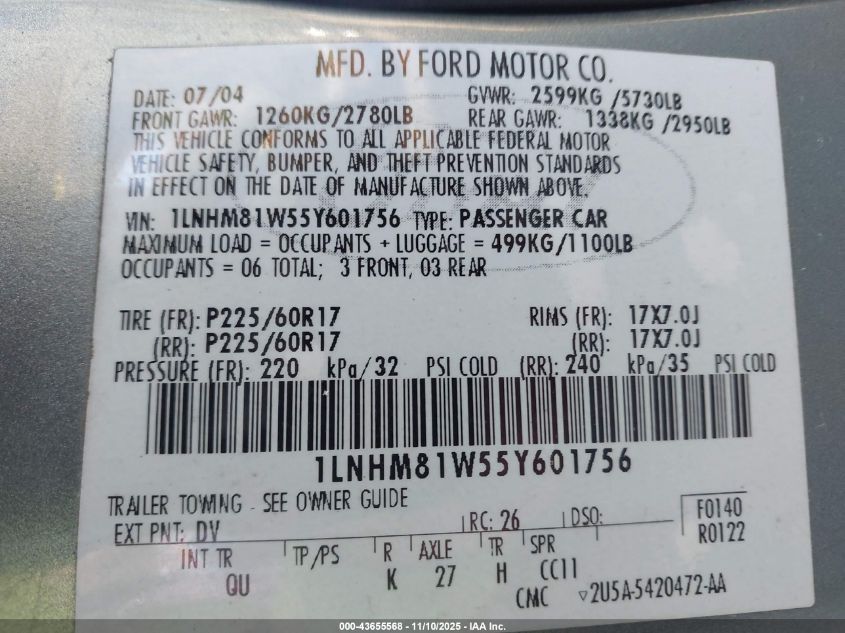 2005 Lincoln Town Car Signature VIN: 1LNHM81W55Y601756 Lot: 43655568