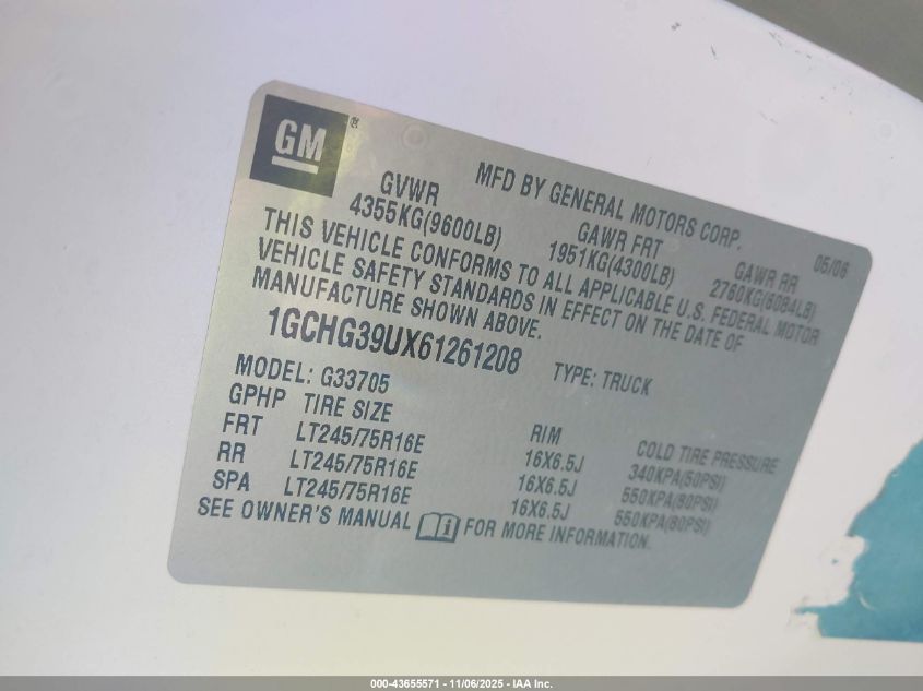 2006 Chevrolet Express Work Van VIN: 1GCHG39UX61261208 Lot: 43655571