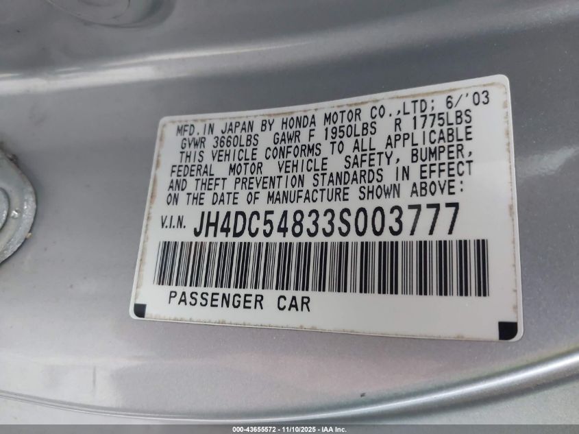 2003 Acura Rsx VIN: JH4DC54833S003777 Lot: 43655572